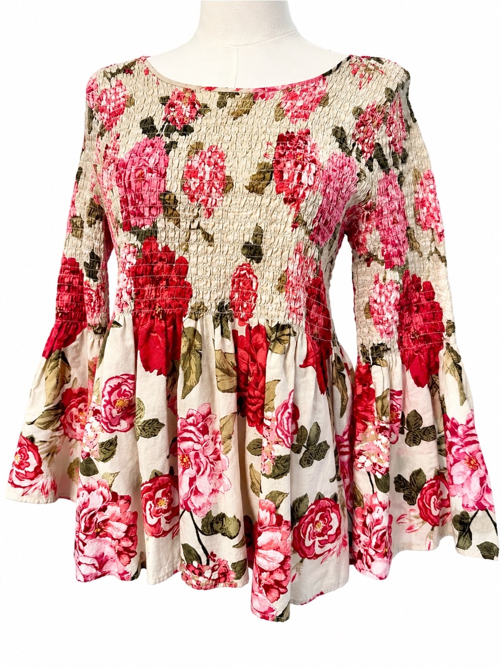 Jane + Delancey Floral Smocked Bell Sleeve Tunic in Pink Red Green and Cream